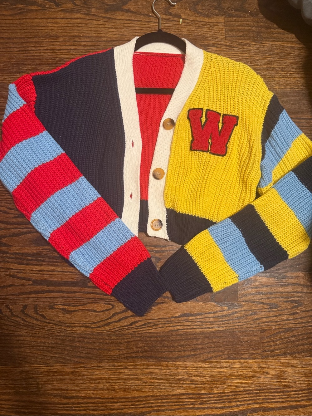 Cropped Colorblock Knit Cardigan Sweater with 'W' Patch - Red/Yellow/Blue